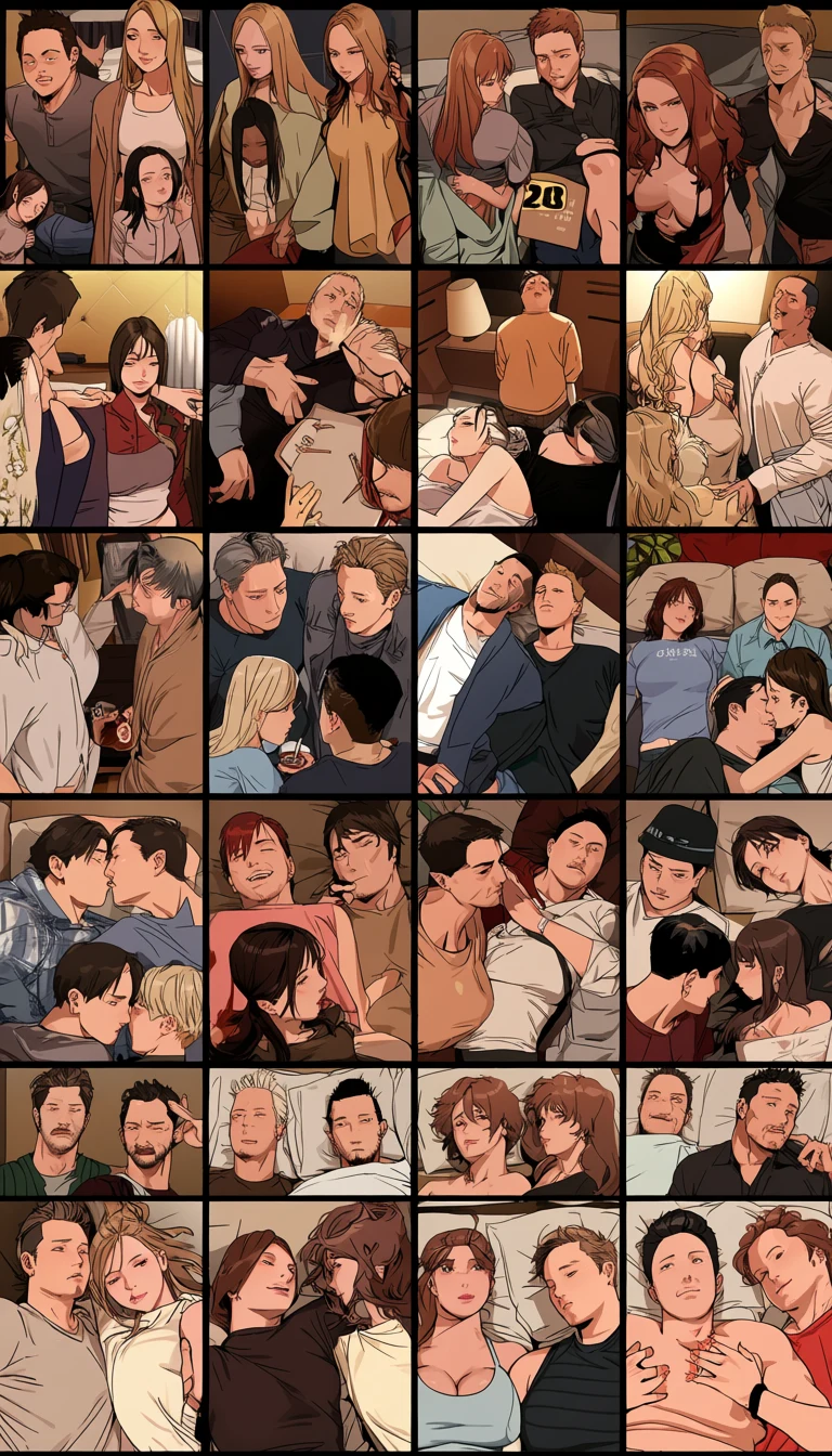 an adult couple age 35 and 38 among case files spread across a hotel bed at two in the morning, whisky, one reaching for the other instead of the folder, adult mystery manhwa art style