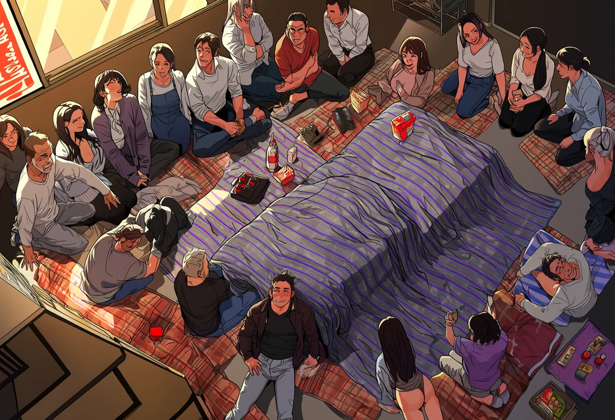an adult couple age 33 and 31 on a Han River picnic mat at night under one blanket, convenience store food, bridge lights, korean manhwa art style