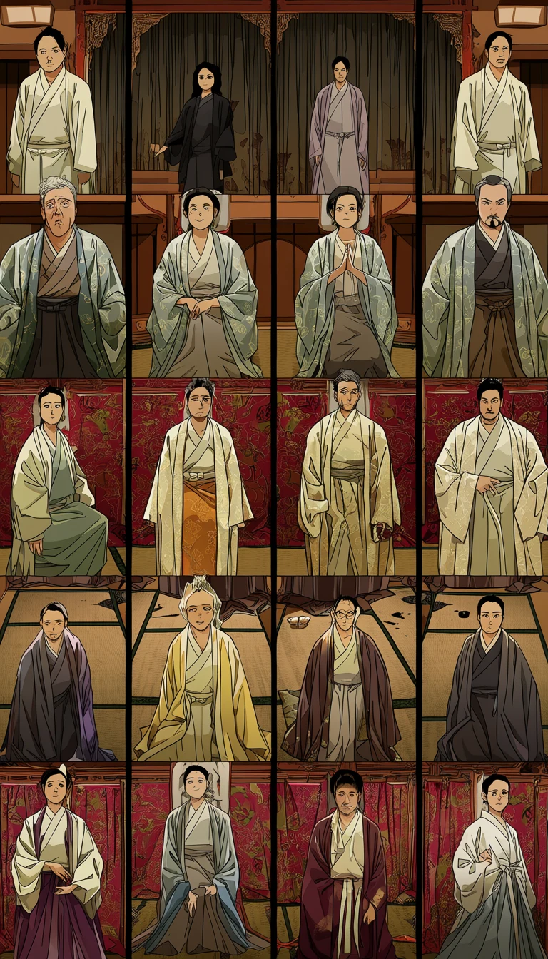an adult couple age 32 and 39 behind layered Heian court curtains, twelve-layer robes spread across tatami, ink and incense, adult historical manhwa art style