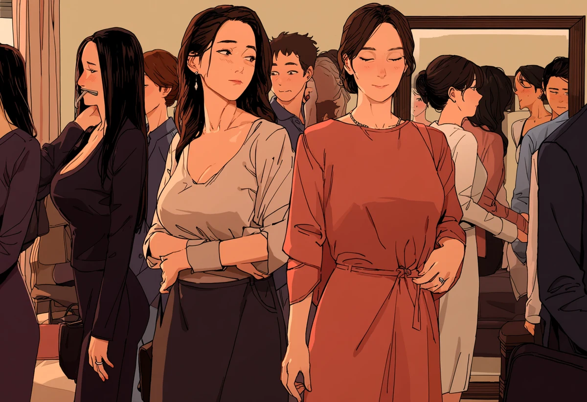 a married adult woman age 37 dressing hurriedly in a lover's bedroom at dusk, her wedding band back on her finger, a mirror reflection, adult drama manhwa art style