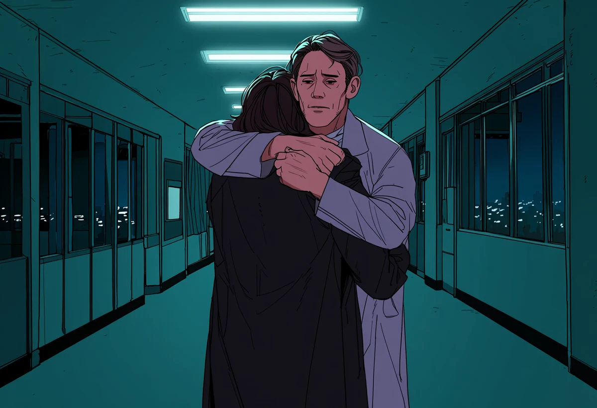 an adult couple age 39 and 37 embracing in an empty hospital corridor at night, exhaustion, hands gripping a coat, fluorescent hum, adult drama manhwa art style