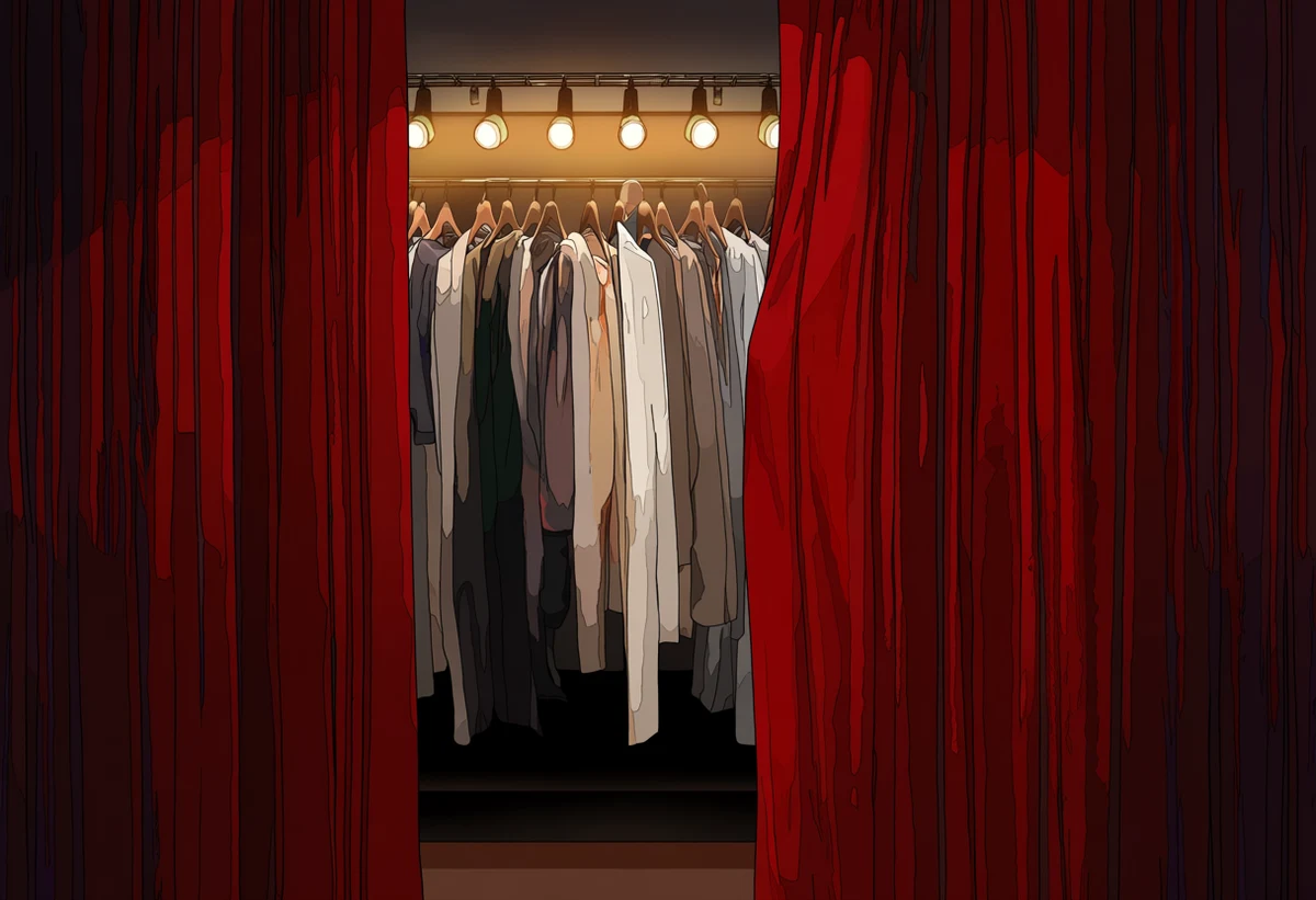 two adult men age 30 and 35 backstage among costume racks, stage makeup smudged, one pressed into velvet curtains, warm bulb light, yaoi art style